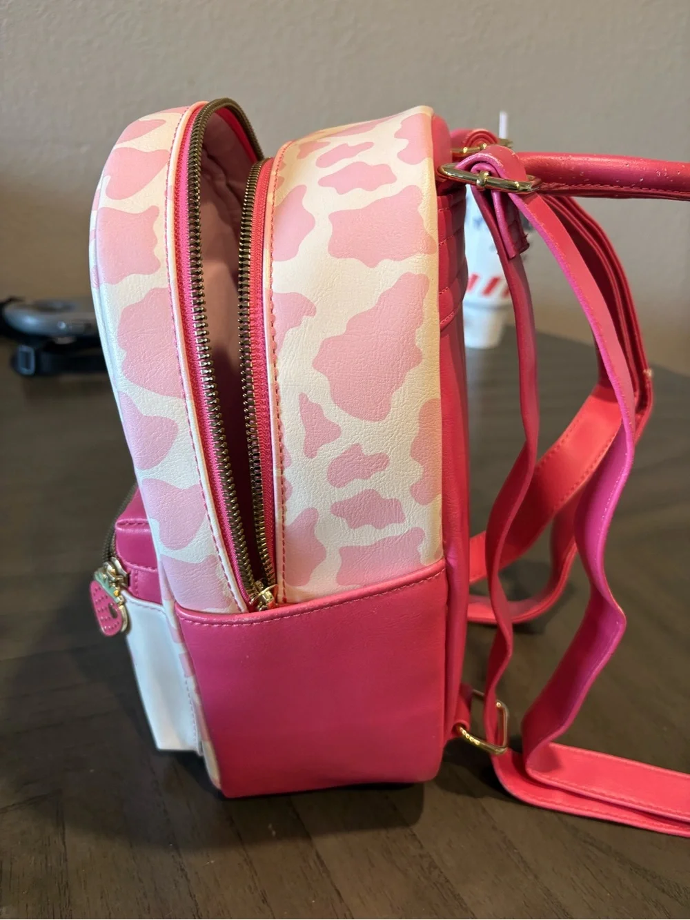 Girls Pink Cow Print Mini Backpack with Strawberry Charm